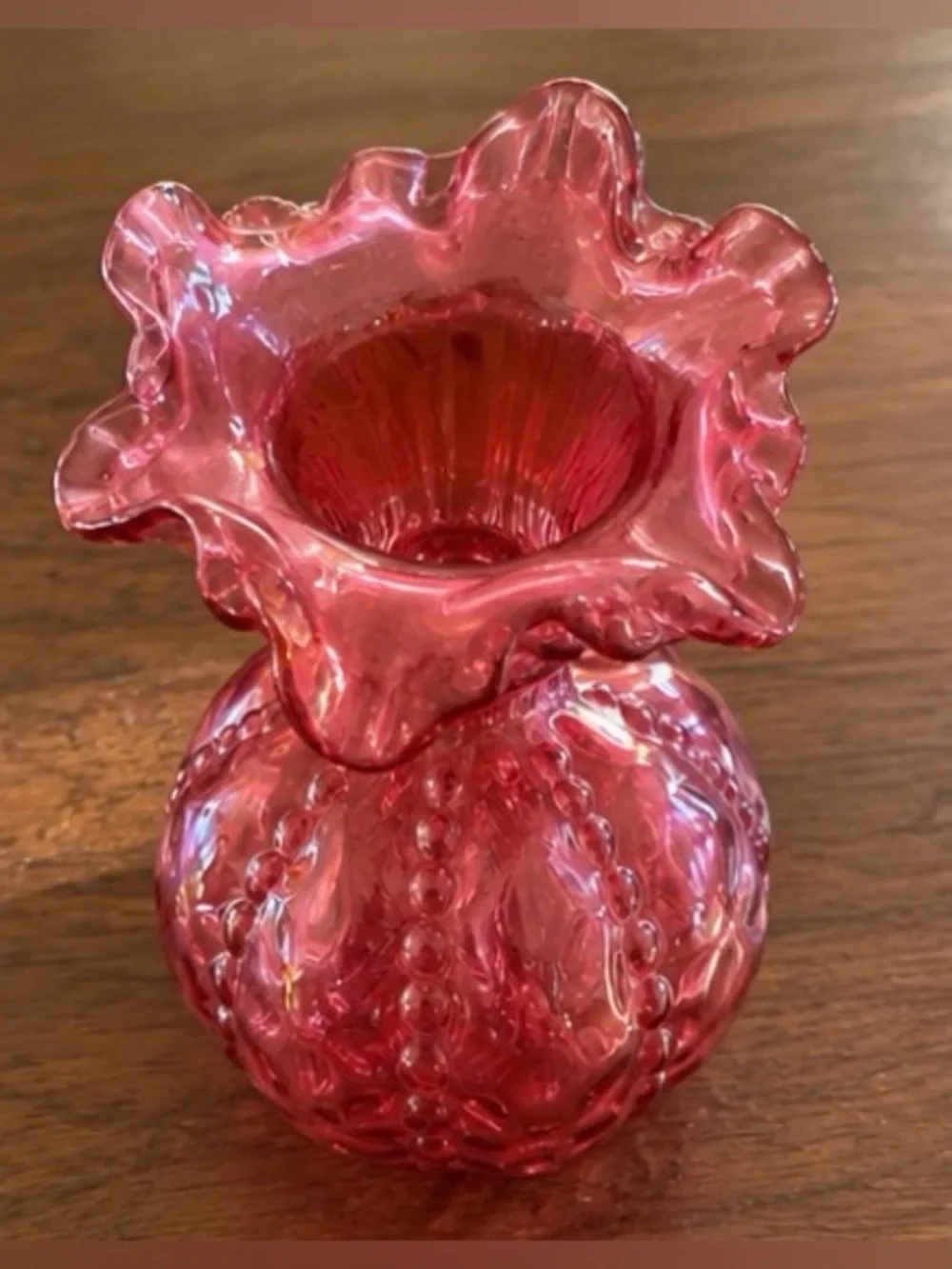 Fenton Cranberry Pink Ruffled Hobnail Glass Vase